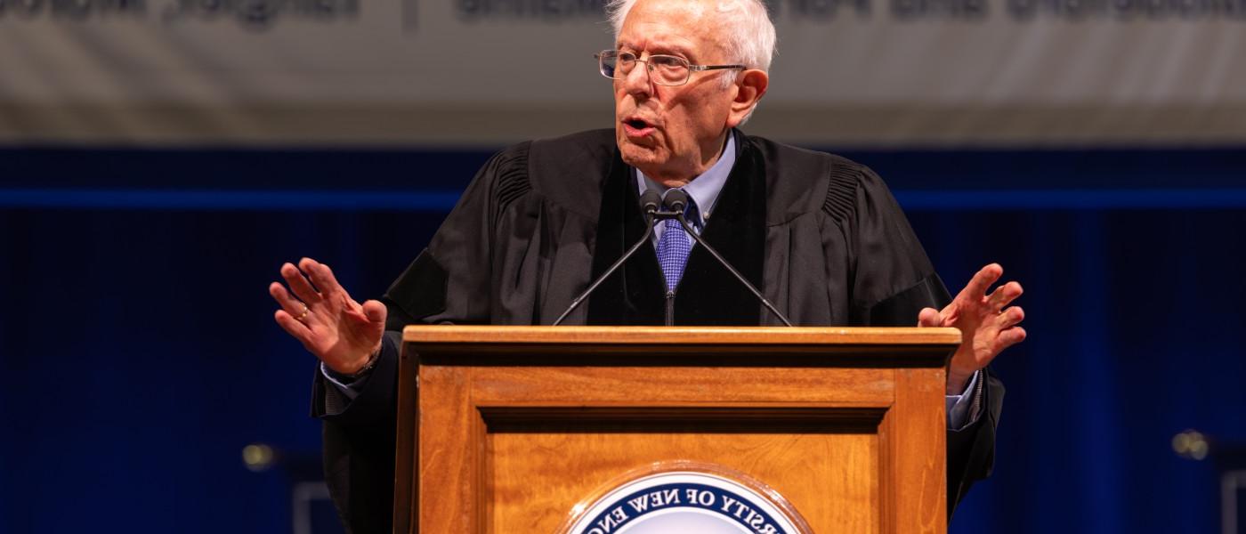 U.S. Senator Bernie Sanders speaks at the podium